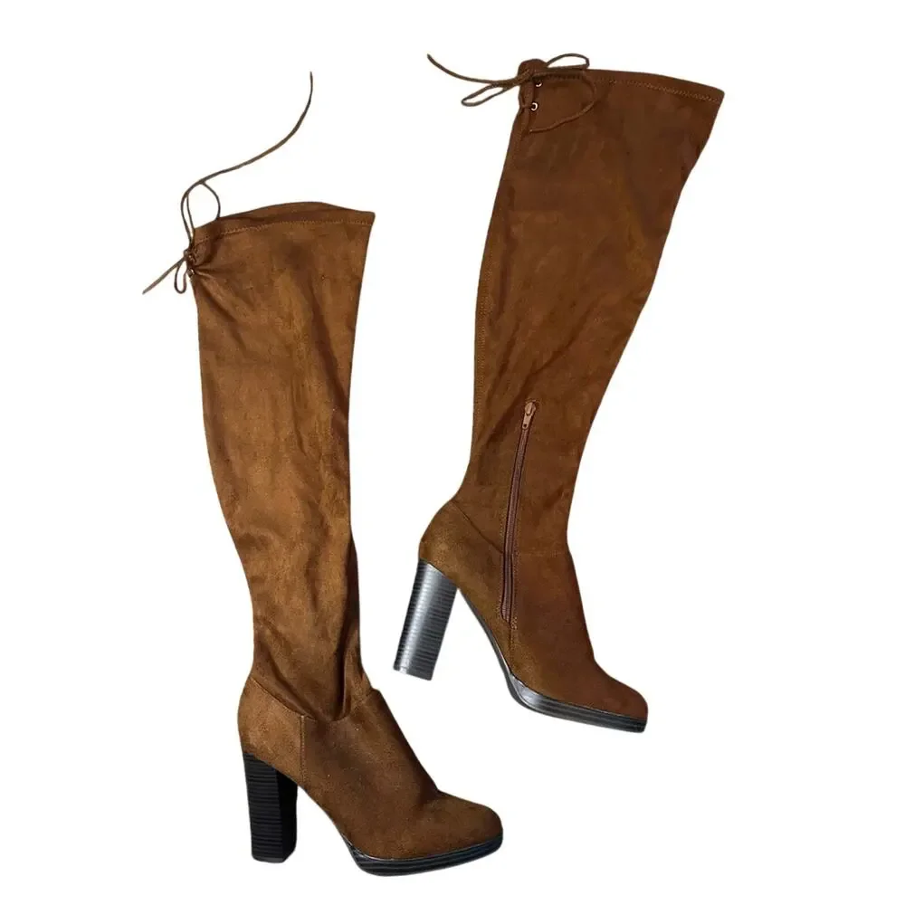 Wild Diva Over The Knee Boots Brown Block Heel Size 9 Women Suede Lace Back
